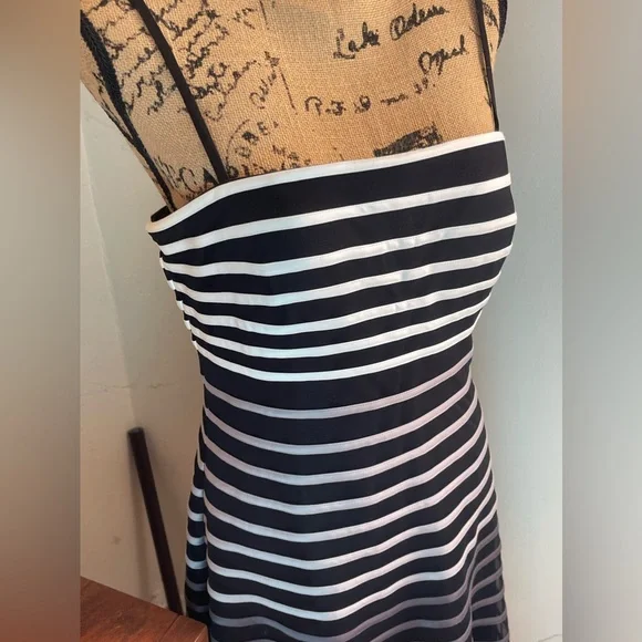 EUC WHBM Black Mesh Dress with White to Gray Ombré Stripes - Picture 2 of 8